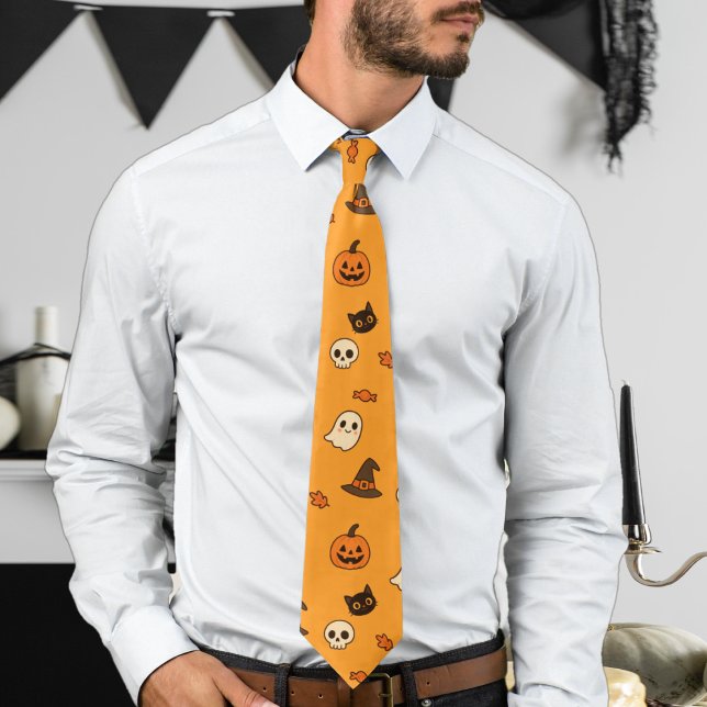 Cute Halloween Pattern – Pumpkins, Ghosts & Cats Neck Tie (Creator Uploaded)