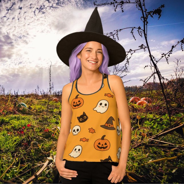 Cute Halloween Pattern – Pumpkins, Ghosts & Cats Tank Top (Creator Uploaded)