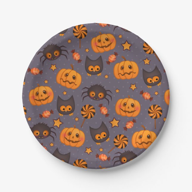 Cute Halloween Pattern Purple Background Paper Plates (Front)