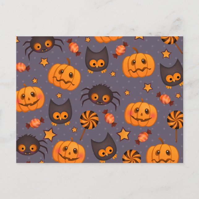 Cute Halloween Pattern Purple Background Postcard (Front)