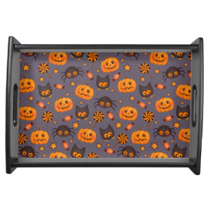 Cute Halloween Pattern Purple Background Serving Tray