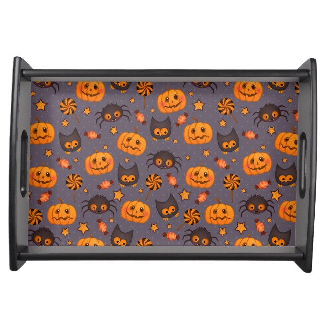 Cute Halloween Pattern Purple Background Serving Tray (Front)