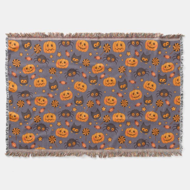 Cute Halloween Pattern Purple Background Throw Blanket (Front)