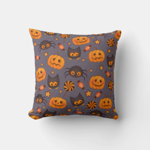 Cute Halloween Pattern Purple Background Throw Pillow