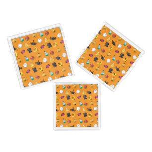 Cute Halloween Pattern with orange background Acrylic Tray