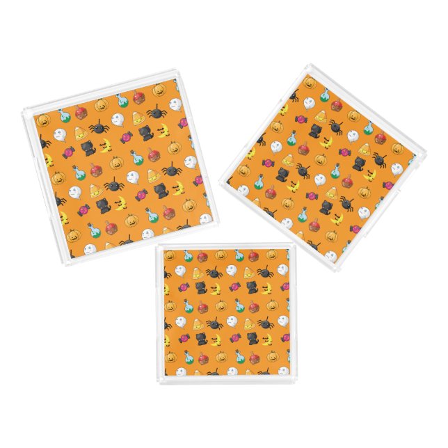 Cute Halloween Pattern with orange background Acrylic Tray (Set)
