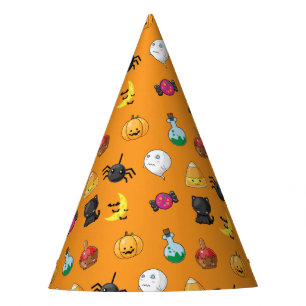 Cute Halloween Pattern with orange background Party Hat