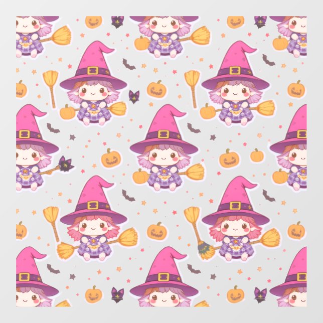 Cute Halloween Pattern with Pumpkins and witch  Window Cling (Sheet)
