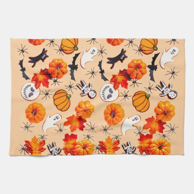 Cute Halloween Pattern with Pumpkins, Ghosts Kitchen Towel (Horizontal)
