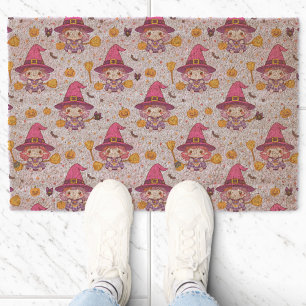 Cute Halloween Pattern with Witch and Ghosts Fiber Doormat