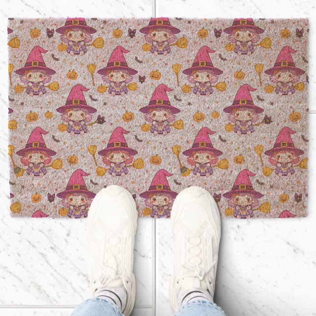 Cute Halloween Pattern with Witch and Ghosts Fiber Doormat (Creator Uploaded)