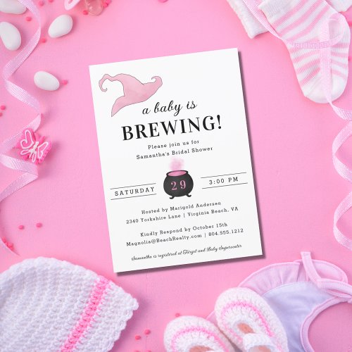 Cute Halloween Pink a Baby Is Brewing Baby Shower  Invitation