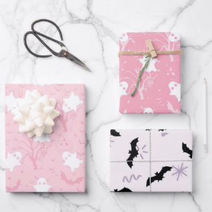 Cute halloween pink ghost and bat wrapping paper sheets