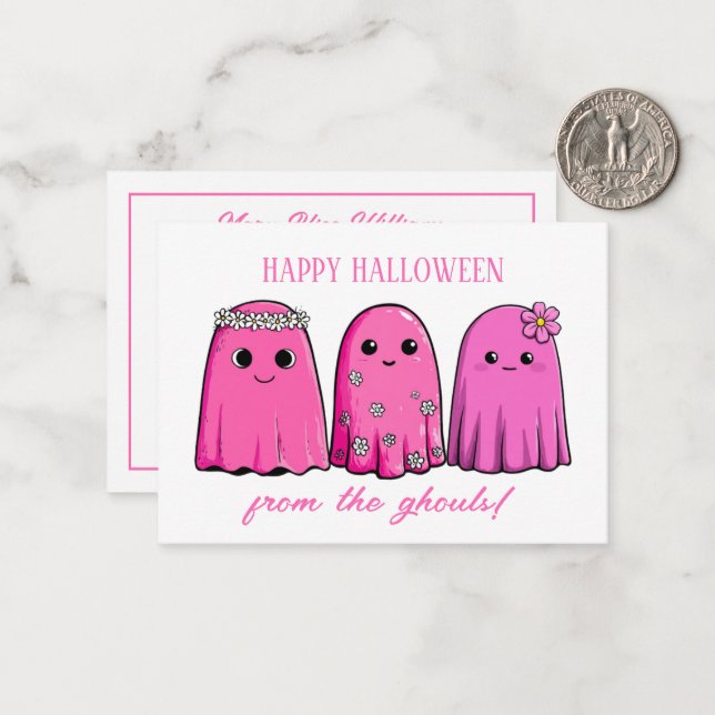 Cute Halloween Pink Girl Ghosts with Flowers Note Card (Front/Back In Situ)
