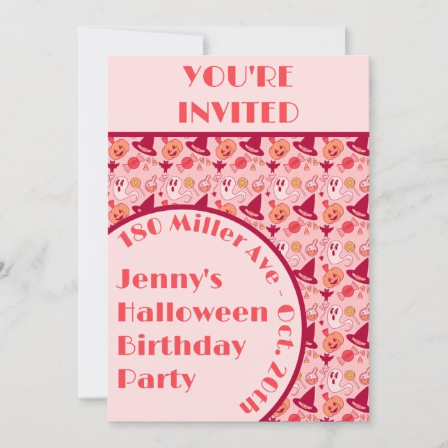 Cute Halloween Pink Girl's Birthday Party Invitation (Front)