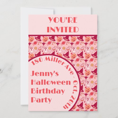 Cute Halloween Pink Girls Birthday Party Invitation