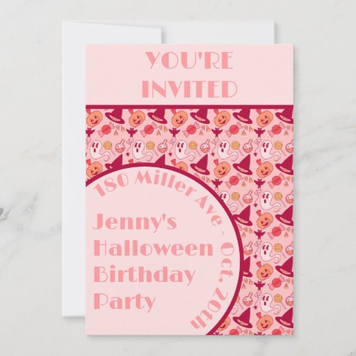 Cute Halloween Pink Girls Birthday Party Invitation