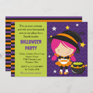 Cute Halloween Pink Haired Witch Party Invitation