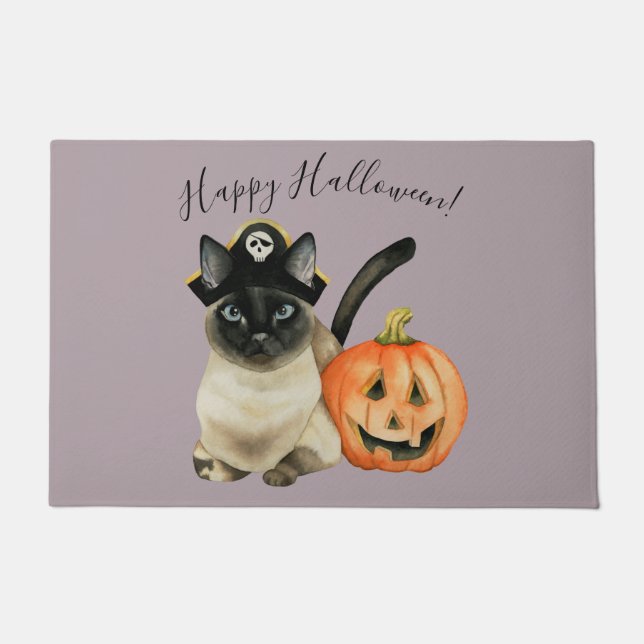 Cute Halloween Pirate Cat with Jack O' Lantern Doormat (Front)