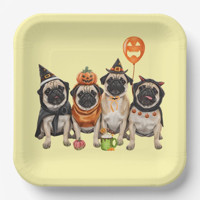 Cute Halloween Pug Paper Plate – Funny Spooky Dog  (Front)
