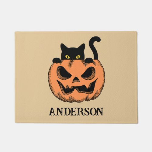 Cute Halloween Pumpkin and Black Cat Personalized  Doormat