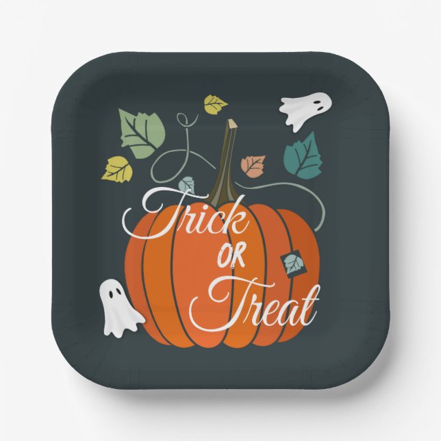 Cute Halloween Pumpkin and Ghosts Trick or Treat  Paper Plates (Front)