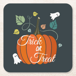 Cute Halloween Pumpkin and Ghosts Trick or Treat Square Paper Coaster