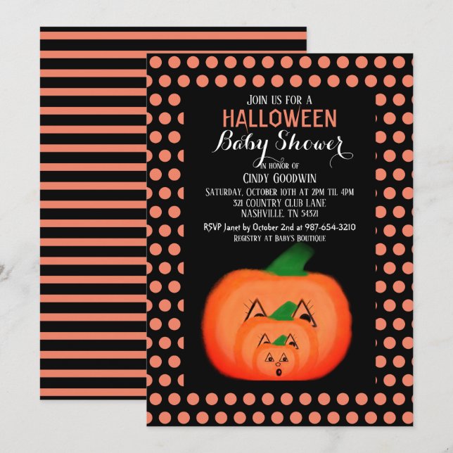 Cute Halloween Pumpkin Black Orange Baby Shower  Invitation (Front/Back)