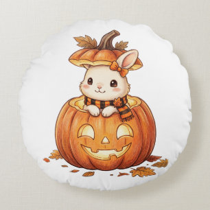 Cute Halloween Pumpkin Bunny - Cozy Fall Rabbit Ar Round Pillow