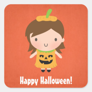 Cute Halloween Pumpkin Costume Girl Square Sticker
