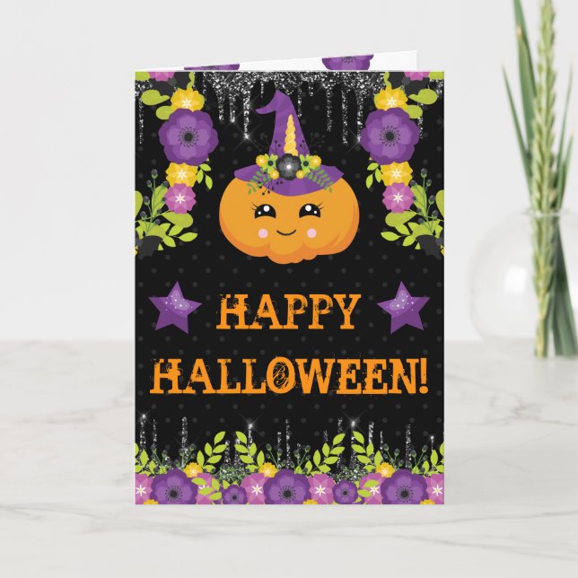 Cute Halloween Pumpkin Floral Greeting Card (Front)