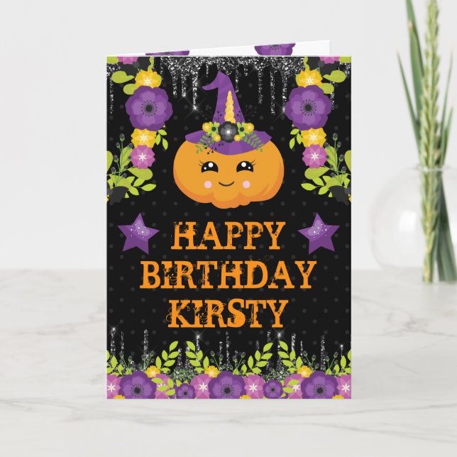 Cute Halloween Pumpkin Floral Happy Birthday Card (Front)