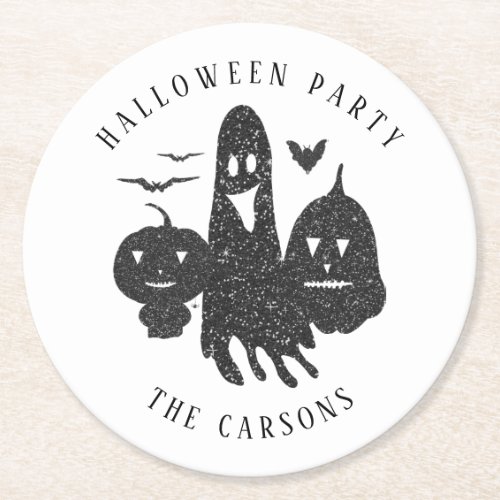 Cute Halloween Pumpkin Ghost Bats Black White Round Paper Coaster