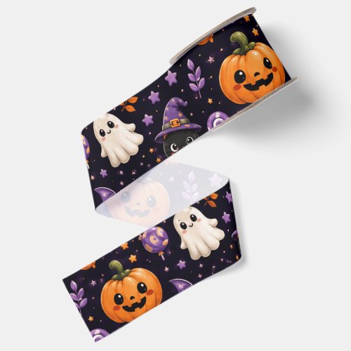 Cute Halloween Pumpkin Ghost Cat Bat Pattern Art Grosgrain Ribbon