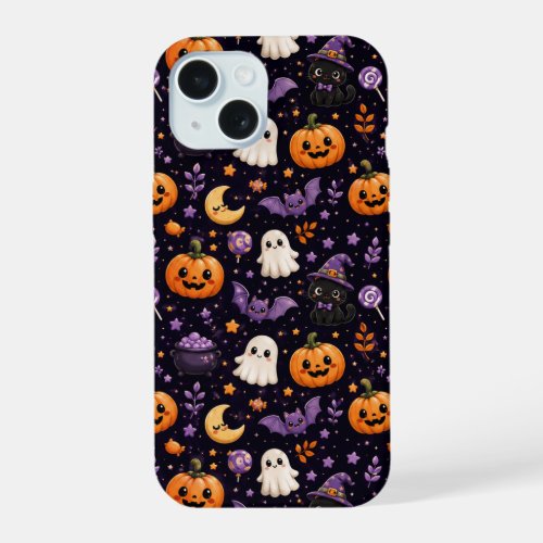 Cute Halloween Pumpkin Ghost Cat Bat Pattern Art iPhone 15 Case