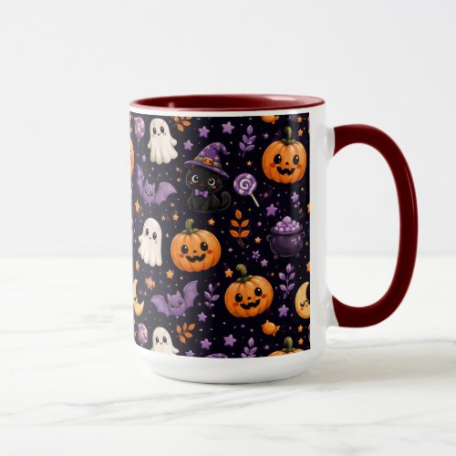 Cute Halloween Pumpkin Ghost Cat Bat Pattern Art Mug