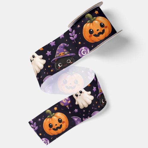 Cute Halloween Pumpkin Ghost Cat Bat Pattern Art Satin Ribbon