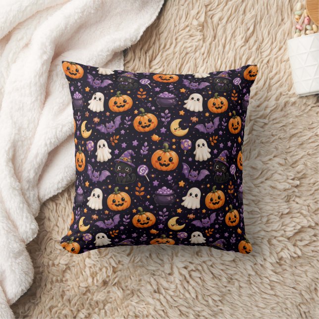 Cute Halloween Pumpkin Ghost Cat Bat Pattern Art Throw Pillow (Blanket)