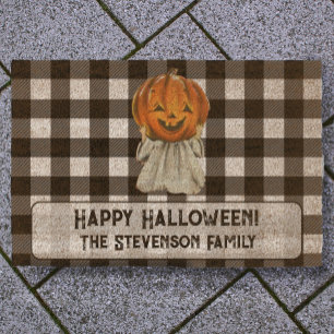Cute Halloween Pumpkin Ghost Custom Family Name Fiber Doormat