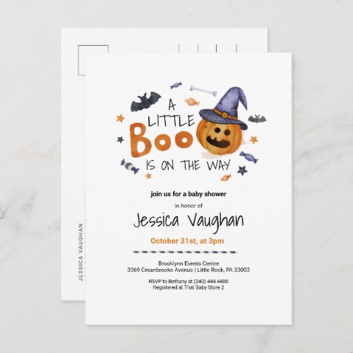 Cute Halloween Pumpkin Little Boo Baby Shower Invitation Postcard