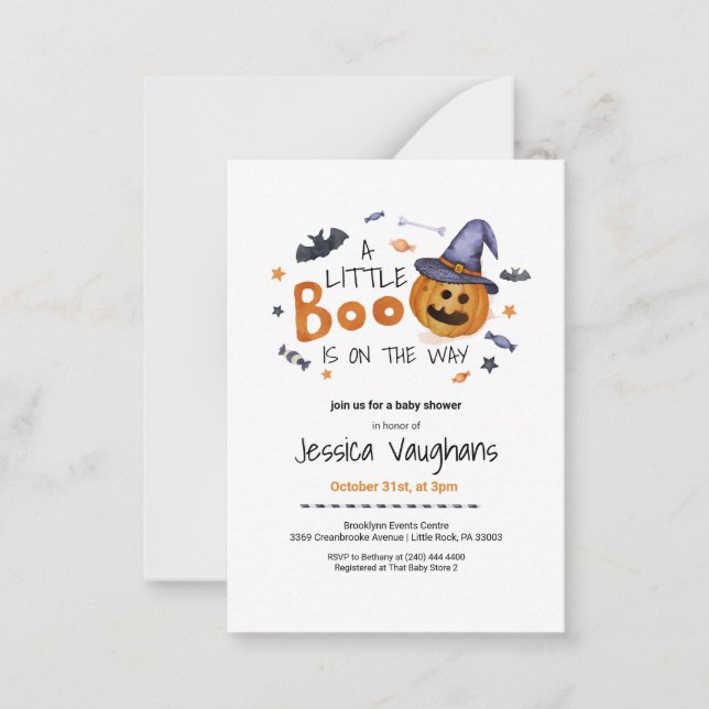 Cute Halloween Pumpkin Little Boo Baby Shower Note Card (Front)
