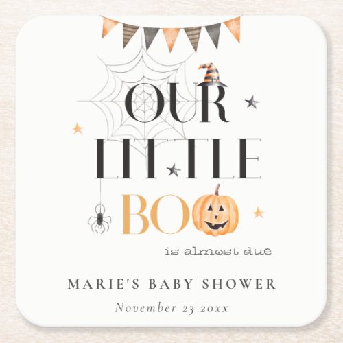 Cute Halloween Pumpkin Little Boo Baby Shower Square Paper Coaster