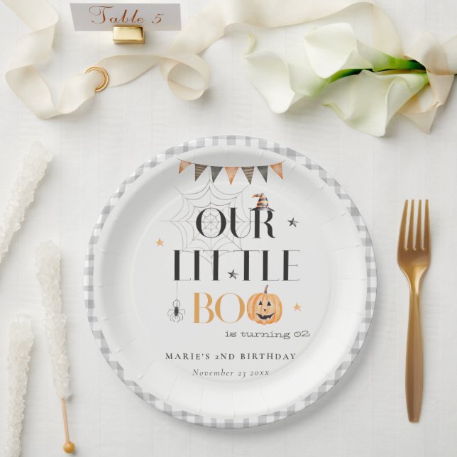 Cute Halloween Pumpkin Little Boo Kids Birthday Paper Plates (Wedding)