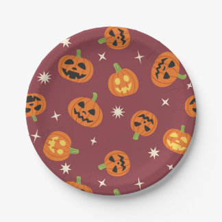 Cute Halloween Pumpkin Pattern dark red Paper Plates