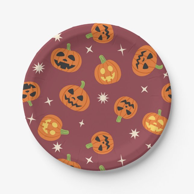 Cute Halloween Pumpkin Pattern dark red Paper Plates (Front)