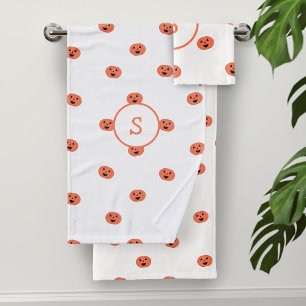 Cute Halloween Pumpkin Pattern Monogram White Bath Towel Set