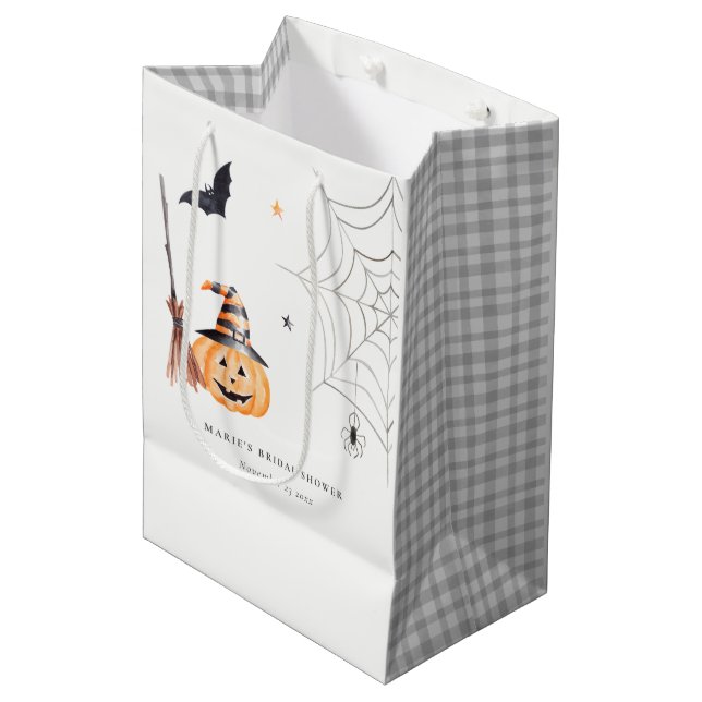 Cute Halloween Pumpkin Spider Web Bridal Shower Medium Gift Bag (Front Angled)