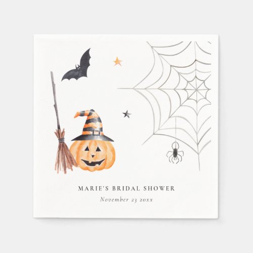 Cute Halloween Pumpkin Spider Web Bridal Shower Napkins
