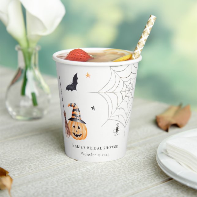 Cute Halloween Pumpkin Spider Web Bridal Shower Paper Cups (Insitu)