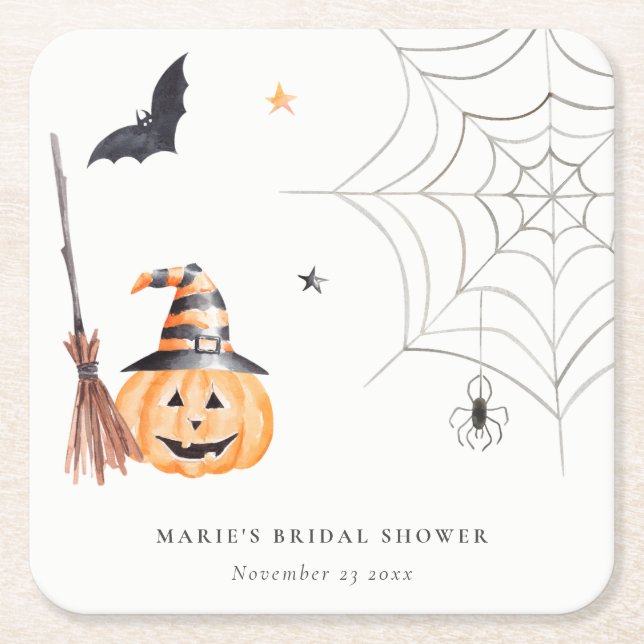 Cute Halloween Pumpkin Spider Web Bridal Shower Square Paper Coaster (Front)